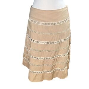 Talbots Beige Cotton A-Line Neutral Midi Skirt Lace Trim Boho Style Size 6